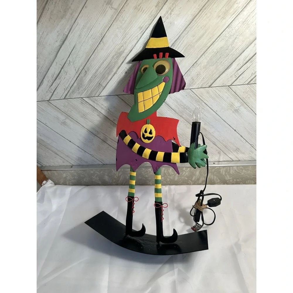 Vintage Folk Art Metal Halloween Witch Candle Lamp Light-Up Striped Legs Rocking